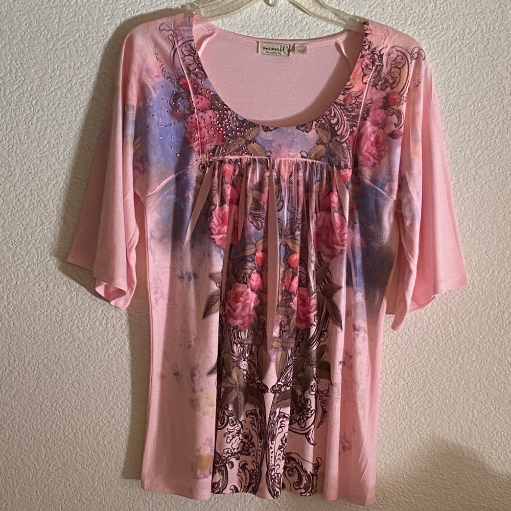 ONE WORLD Pink and Blue Embellished Blouse